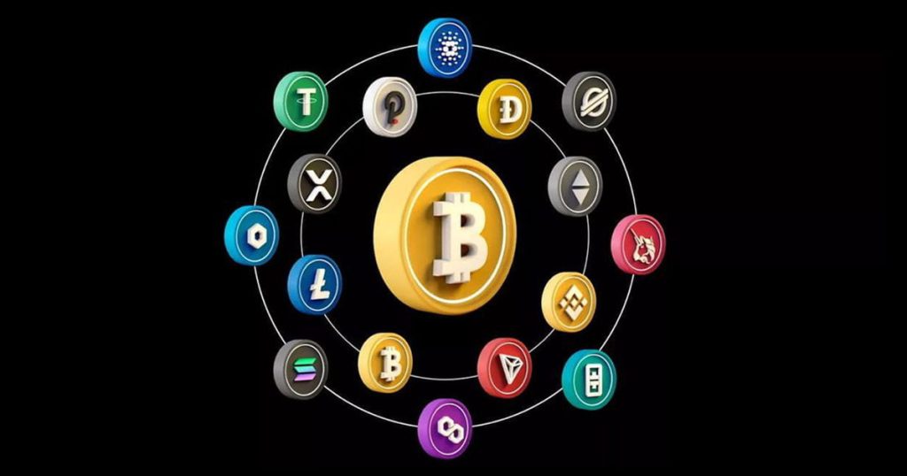 Hình minh họa kỹ thuật số về tiền điện tử bao gồm Bitcoin, Ethereum và mạng blockchain, với bản đồ Việt Nam nêu bật việc áp dụng tiền điện tử ở Việt Nam.