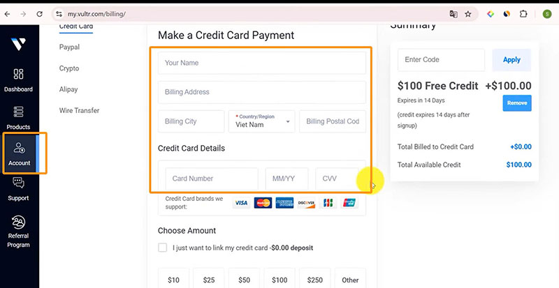 Cài Đặt N8N đăng ký tài khoản Vultr VPS, gắn thẻ visa