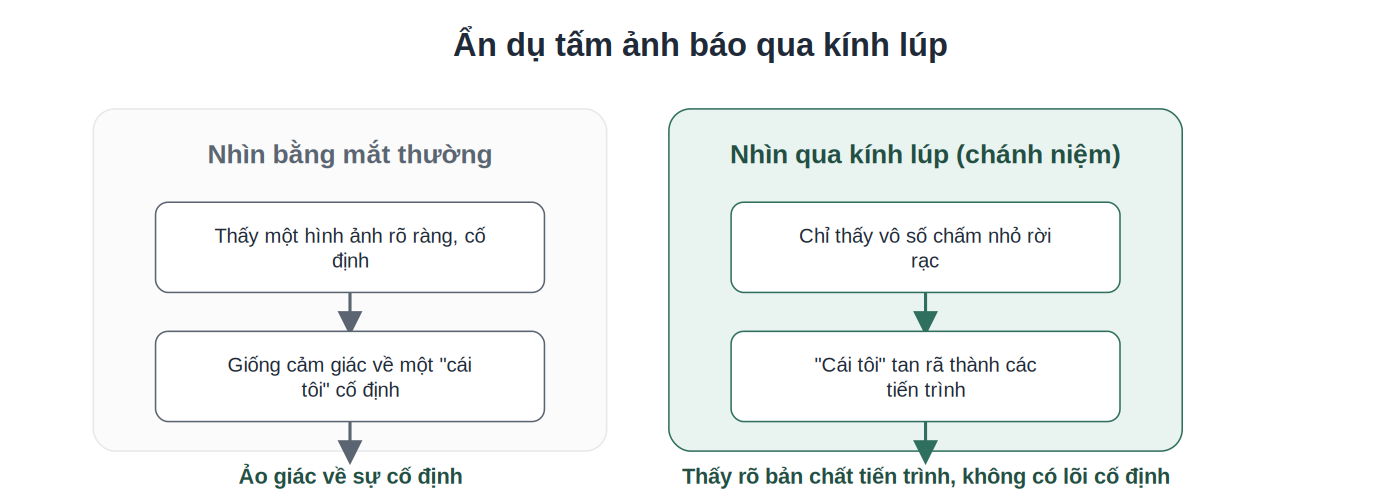 Ẩn dụ tấm ảnh báo qua kính lúp minh họa sự tan rã của cảm giác bản ngã